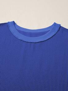Acelitt Autumn Solid Color Textured Striped Cuffed Long Sleeve Casual Loose Crew Neck T-Shirt Spring - Blue - View 7