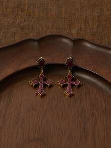 Glisma 1 Pair Gothic Dark Forest Chic Black Enamel Cross Drop Earrings For Women, Suitable For Banquet, Party And Daily Wear - Red - View 5