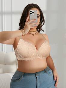 Sujetador con aros de encaje beige talla grande MIMILEMON - Levanta y realza la cintura lateral, copa de cobertura total transpirable, soporte todo el día, curvas con confianza - Beis - Ver 9
