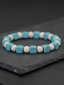 1件手工石手链，8毫米方形绿松石珠，圆形缟玛瑙黑曜石串珠手链，简约风格，适合休闲装扮 - 綠松石色 - 查看 13