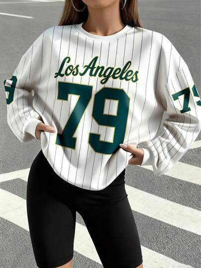 Sudadera casual y deportiva de estilo estadounidense, holgada y de corte slim, con estampado digital de letras y rayas, cuello redondo y manga larga, adecuada para viajes, reuniones con amigos, fiestas, compras, fotografía callejera, deportes, baile, fitness y uso diario