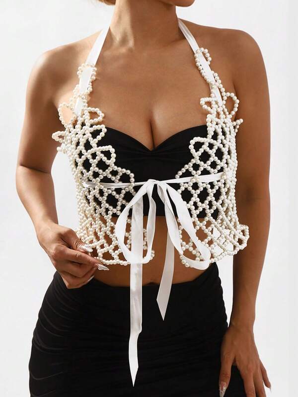 1 Pc Of Elegant Women's Body Chain Accessory, Collegiate-Style Faux Pearl Vest Top, With A Sweet Bow Tie Strap Design, It Is The Perfect Accessory For Dates And Evening Events, As Well As A Suitable Gift For Women.