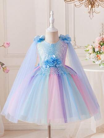 Blue Princess Dress For Girls, High-End Fashionable, Flower Girl Dress For Wedding, Festival, Novelty 3D Floral Decor, Tulle, Lace Waistband, Ombre Rainbow Dress, Suitable For Girls Birthday Party, Celebration, Special Occasion