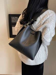 女士大容量手提包，新款纯色高端休闲通勤斜挎单肩包 - 黑色 - 查看 2