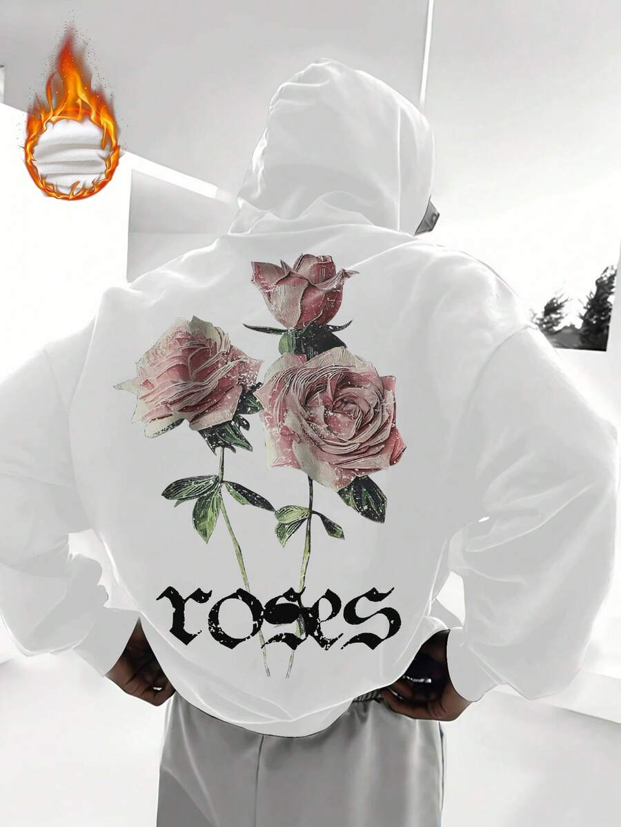 Men's Vintage Rose Print Basic Hoodie, White, Fall/Winter