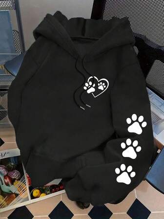 Plus Size Women's Daily Heart - Shaped Paw Prints With Sleeve Paw Print Pattern Hooded Long Sleeves Casual Spring/Summer/Fall Women's Plus-Size Long-Sleeved Hoodie Sweatshirt Going Out Tops Women,Vacation Outfits Women