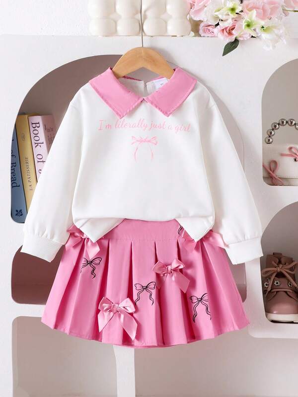 2 peças/Conjunto Meninas Pequenas Doce Laço e Impressão de Letra Colarinho Manga Longa Moletom e Conjunto de Saia Plissada, Primavera/Outono