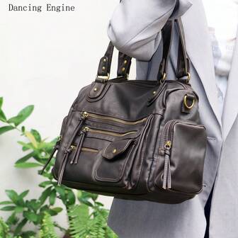 Dancing Engine Ny designad handväska för kvinnor i tvättat läder, tygväska med stor kapacitet, vintage axelväska för dam