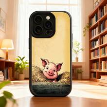 Cubierta de teléfono con borde negro y diseño de cerdo sonriente en establo amarillo para uso diario en casa biblioteca o oficina Aplicable a teléfonos Apple y Galaxy. - Negro - Ver 2