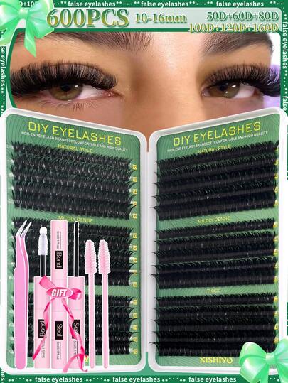 Cadeau de Noël Nouveau kit haute capacité de 600/570 pièces de faux cils en forme de D, livre de faux cils pour débutants, extensions de cils segmentées épaisses et volumineuses avec colle et scellant, pinces à épiler, baguettes de mascara, faux cils agrandissant les yeux, légers et réutilisables