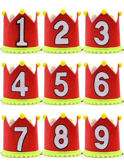 Red Birthday Crown Party Hat, Birthday Costume Headwear, Handmade Glued Numbers 1, 2, 3, 4, 5, 6, 7, 8, 9 Birthday Party Hat