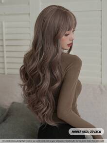 NAMM 女士长波浪粉紫色假发 30 英寸卷发假发，带窗帘刘海，自然造型合成纤维时尚假发，适合女孩日常聚会使用 - 淺粉色 - 查看 4