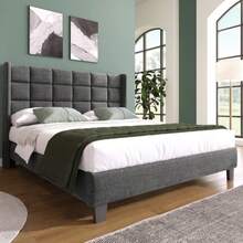 Upholstered Bed With Its Padded Headboard, Double Bed With Slatted Base, 140x200cm, In Grey Linen, Medium Firm (Without Mattress) - Grey - View 5