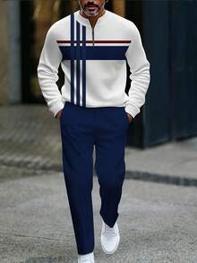 European And American Men's White, Blue And Red Sportswear Sets: Bold Contrast Stripes, Half-Open-Neck Tops; High-Quality Polyester Fabric, Anti-Wrinkle And Easy To Care For; Sporty And Casual Style Suitable For Fitness And Outdoor Activities - 藍色 - 查看 1