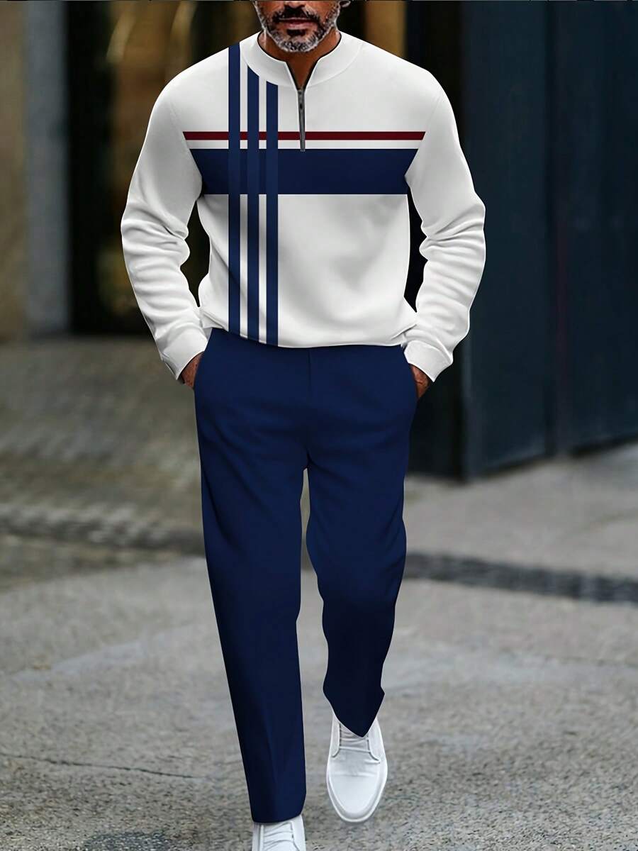 European And American Men's White, Blue And Red Sportswear Sets: Bold Contrast Stripes, Half-Open-Neck Tops; High-Quality Polyester Fabric, Anti-Wrinkle And Easy To Care For; Sporty And Casual Style Suitable For Fitness And Outdoor Activities - 藍色 - 查看 1