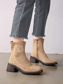 Botas de tobillo Chelsea planas y retro para mujer, de tacón bajo, versátiles, con cremallera en la parte trasera, para primavera/otoño - Albaricoque - Ver 6