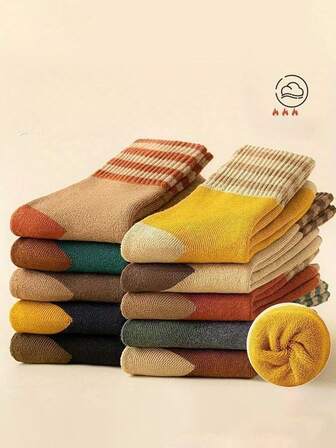 1/2 Pairs Of New Autumn And Winter Sports Socks: Women's Striped Fleece Mid-Calf Socks, Ins Thickened Warm Fleece Hoop Women's Socks,Women Crew Socks,Sock,Women Socks, Cozy Socks