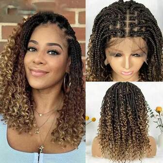 Short Bohemian Box Braids Braided Wig Crochet Braids Hair Full Lace Boho Braided Wigs Synthetic Curly Hair With Baby Hair For Daily Christmas Party Use