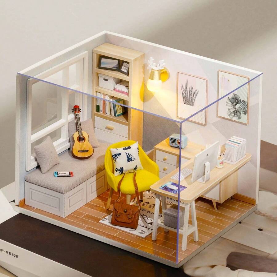 Kit de manualidades en miniatura para hacer una maqueta de habitación de estudio, modelo de ensamblaje con cubierta antipolvo, rompecabezas 3D, regalo de juguete, decoración del hogar para dormitorio, adecuado para adolescentes, niñas, niños, damas, caballeros y adultos - Multicolor - Ver 1