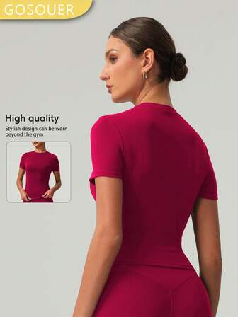 GOSOUER Women's Round Neck Slim Fit Extended Arc Hem Casual Sports Short Sleeves T-Shirt For Yoga Workout Gym Fitness
