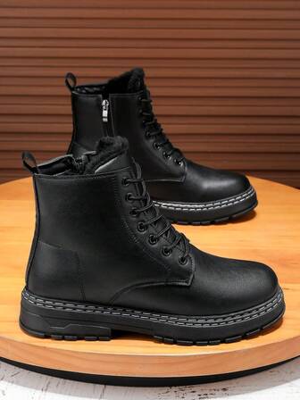 1 Pair Plus Size Men's British Style High-Top Boots, Warm Thermal Lined, Waterproof & Durable Casual Work Boots, Outdoor Leather Boots