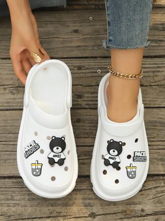 Letter Print Fashionable White Lightweight Sweet Waterproof Plastic Women's Slip-On Thick Sole EVA Clogs