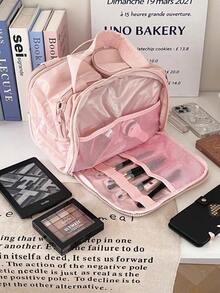 Multi-Pocket, Multi-Compartment Large-Capacity Cosmetic Bag Travel-Friendly Toiletries Organiser Holds Lipsticks, Cosmetics And Makeup Brushes - 粉色 - 查看 2