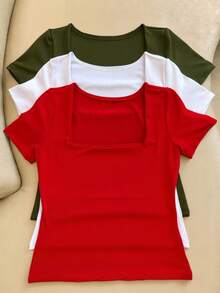 Set Of 3 Basic Blouses In Spandex With Square Neckline And Short Sleeves (Lined) - Đỏ/Trắng/Xanh quân đội - Xem 1