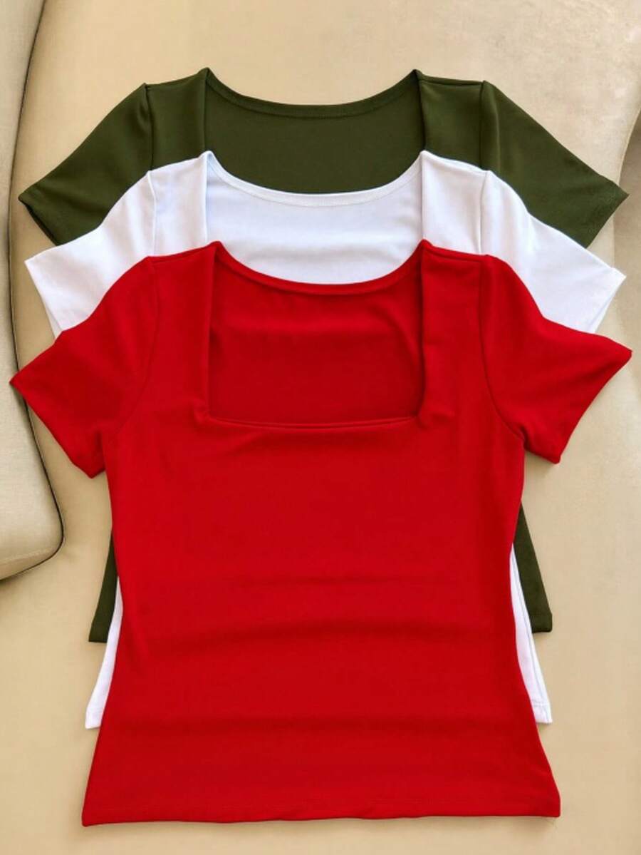 Set Of 3 Basic Blouses In Spandex With Square Neckline And Short Sleeves (Lined) - Đỏ/Trắng/Xanh quân đội - Xem 1