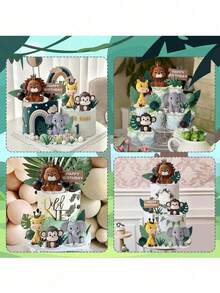 Forest Leaf Cake Topper, Jungle Animal Soft Doll, Lion Giraffe Elephant Monkey Turtle Leaf Grass Cake Decoration, Suitable For Birthday Cake Decoration, Christening Forest Theme Party Cake Decoration Supplies(Please Use With The Tray.)