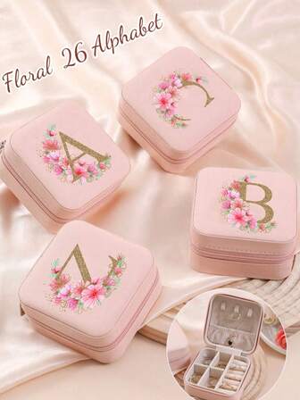 1 st ny smyckeslåda med tryck - rosa blom- och bokstavsdesign, bärbart skyddande fodral med örhängeskrokar och halsbandsfack, rymmer armband, ringar, örhängen - resevänlig multifunktionell smyckeslåda, mjukt foder, trendig smyckesorganisatör med tryckta bokstäver lämplig för resesmycken, idealisk present till kvinnor/flickor, lämplig för bröllop, helgdagar, personlig smyckeslåda, kompakt bärbar smyckeslåda