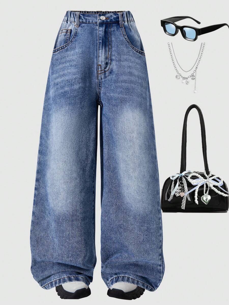 少女时尚口袋直筒牛仔裤 - 藍色 - 查看 1