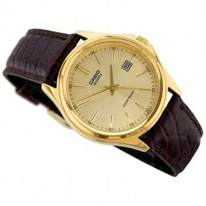  Casio Vintage herrklocka, guldfärgad urtavla med brunt läderarmband, retro klassisk design, affärsklocka för kontoret, present till proffs