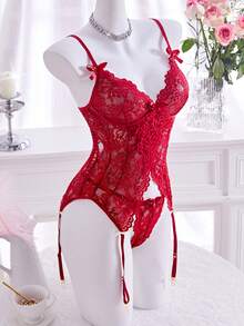 New Women's Sexy Lingerie Set Adjustable Straps, Single-Row Hook-And-Eye Closure, Bow-Tie Trim, Triangle Cups, Backless Slit Top & Sexy Triangle Panties Comfortable Homewear Lace Temptation Underwear Set - Burgundy - View 2