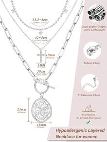 3Pcs Layered 14K Gold Plated Necklaces For Women Dainty Necklace Stack Silver Plated Non Tarnish Free Pendant Chunky Chain Pearl Paperclip Cross Heart Necklace Set For Women - 鍍銀項鍊+十字架 - 查看 3