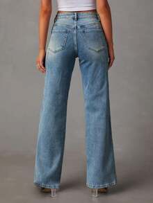 Women Wide Leg Baggy Jeans Mid-High Waisted Straight Stretchy Denim Pants Seamed Long Trousers Spring And Summer Clothes - Màu xanh lam - Xem 5