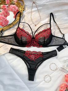 1 Conjunto de 2 piezas de lencería sexy de encaje floral negro y rojo para mujer, sujetador de malla semi transparente y ropa interior triangular, estilo gótico negro y rojo para uso diario en el hogar