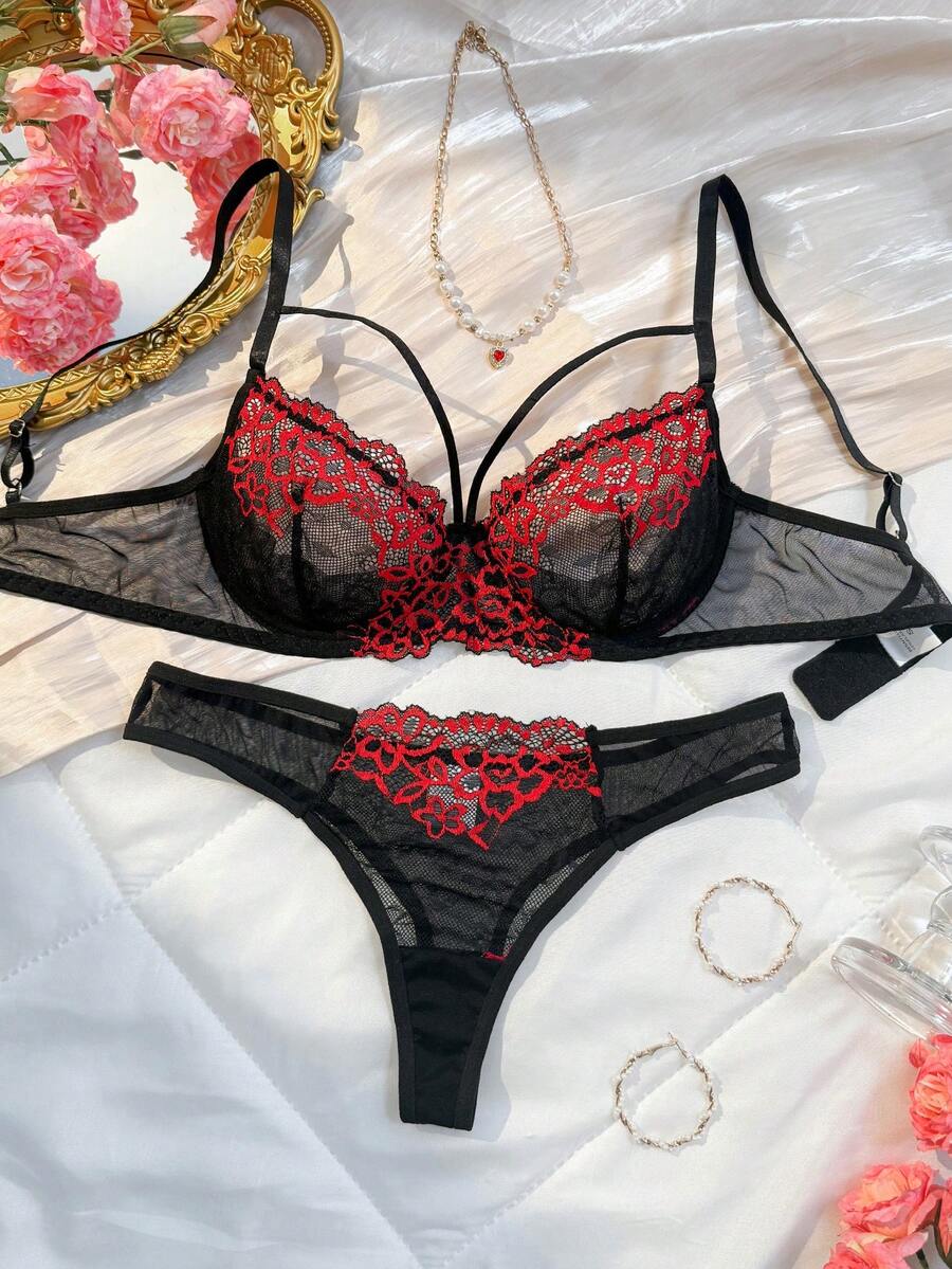 1 Conjunto de 2 piezas de lencería sexy de encaje floral negro y rojo para mujer, sujetador de malla semi transparente y ropa interior triangular, estilo gótico negro y rojo para uso diario en el hogar