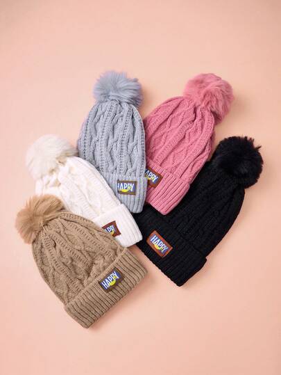 Hatastic 快乐刺绣纹理菱格纹针织保暖加厚绒球帽秋冬礼物音乐节