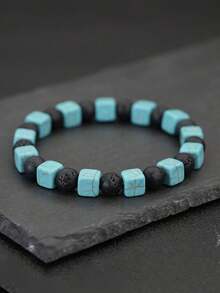 1件手工石手链，8毫米方形绿松石珠，圆形缟玛瑙黑曜石串珠手链，简约风格，适合休闲装扮 - 綠松石色 - 查看 15