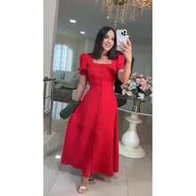 Women's Long Dress In Marrant Sensorial Fabric With Puff Sleeves And Covered Buttons. Ideal For Parties And Celebrations. Fits Sizes 38 To 42. Elegant And Comfortable. - 紅色 - 查看 3