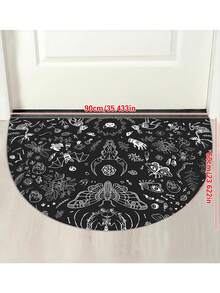 1件万圣节主题门垫，涤纶材质，防滑可水洗，半圆形入口地毯，黑色底骷髅图案，适合室内外使用，装饰地毯 - 黑與白 - 查看 11