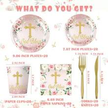 DFirst Communion Decorations For Girls120PCS Christening Decor.Baptism Plates And Napkins Communion Cups.Christening Tableware Kit Serves 20 Guests.God Bl Baptism Decorations For Girls - Hồng - Xem 2