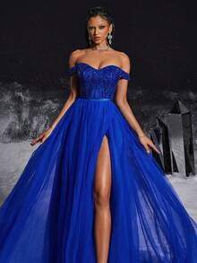 VIPGIRL 女士手工刺绣正式礼服，性感优雅的露肩礼服 - 寶藍色 - 查看 8