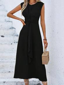 MOOD WOOD 2026 Women's Fall/Winter Minimalist Relaxed-Fit Slightly Stretch Blend Sleeveless Crew Neck Waist-Tied Cinched Waist Solid-Color Slim-Fit Ankle-Length Mid-Length Commuter Dress - 黑色 - 查看 3