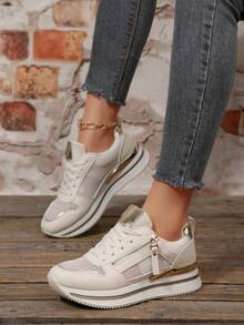 2025新款撞色舒适系带防滑圆头女式休闲运动鞋，轻便时尚水钻装饰休闲运动鞋 - 米色 - 查看 1