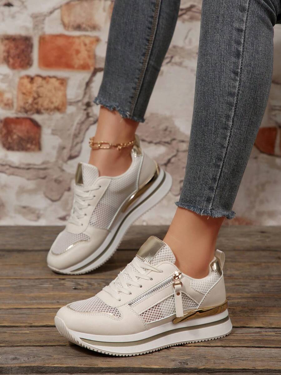 2025新款撞色舒适系带防滑圆头女式休闲运动鞋，轻便时尚水钻装饰休闲运动鞋 - 米色 - 查看 1