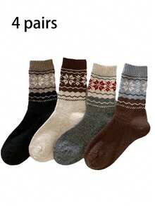 4 Pairs Women's Thick Patterned & Striped Versatile Mid-Calf Socks, Suitable For Daily Wear - Multicolor - View 1