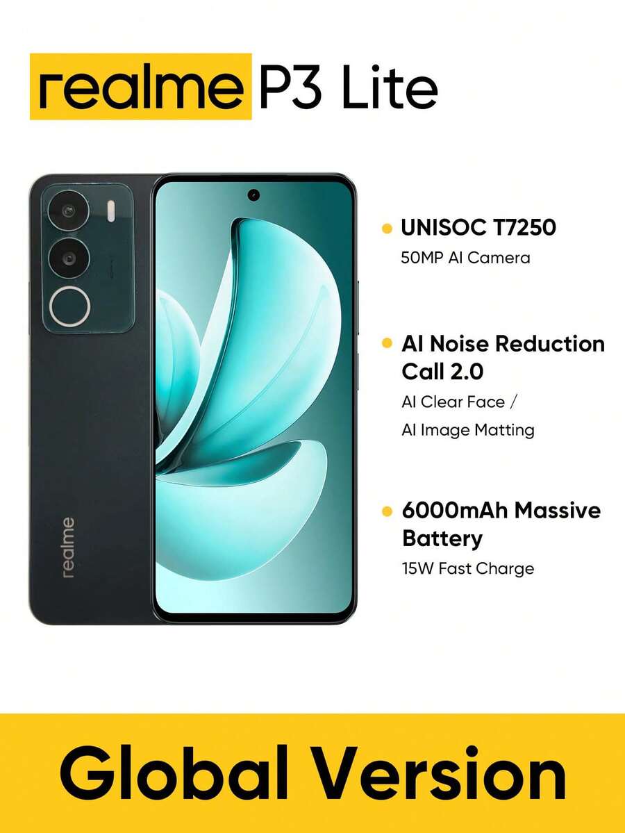 Realme P3 Lite，解锁手机，6GB+128GB/8GB+256GB，全球版 4G LTE，Andriod 15 智能手机，6.67 英寸 LCD 120Hz 显示屏，6000mAh 电池，50M 摄像头手机，7.79 毫米薄，无适配器 - 綠色 - 查看 1