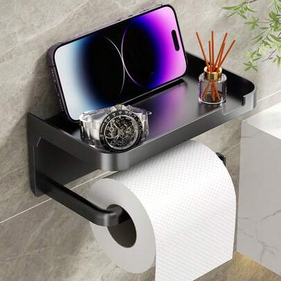 1pc Self-Adhesive Toilet Paper Holder, Plastic Powder Coated Multi-Purpose Bathroom Tissue Dispenser + Storage Rack 2 In 1, Waterproof, Easy To Install Wall-Mounted Accessories Bathroom Accessories Bathroom Tools